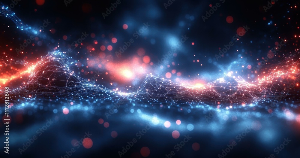 Poster a movement depicted glowing nodes and lines forming a complex mesh structure with blue and red hues