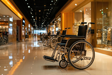 Obraz premium Rows of empty wheelchairs lined up in a modern shopping mall