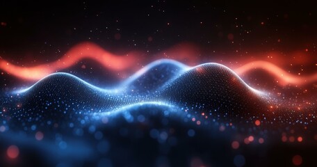 Cybernetic Light Show. Futuristic digital wave landscape with glowing particles and neon light effects for technology backgrounds, data visualization, innovation themes, business presentations, sci-f