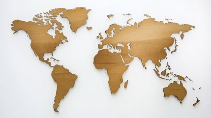Wooden World map on white background. World map template with continents, North and South America, Europe and Asia, Africa and Australia