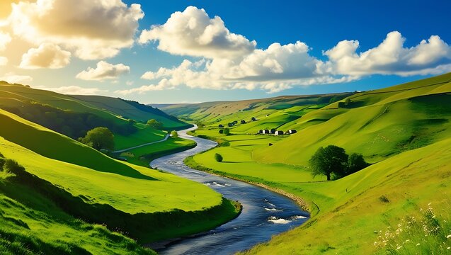 Landscape with green fields, road and blue cloudy sky - Powered by Adobe