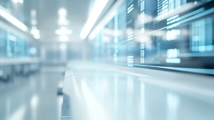 Futuristic digital workspace with sleek surfaces and glowing interfaces.