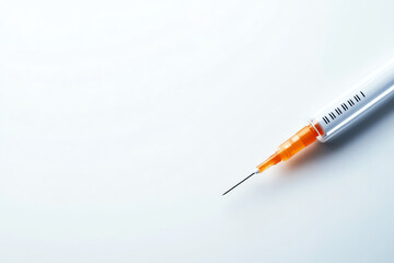 Fototapeta premium Close-up of a syringe with orange liquid on a clean white background.