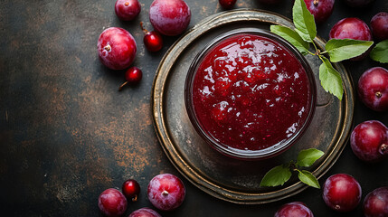 Homemade fruit jam served in a rustic bowl surrounded by fresh plums and cherries on a textured background. Generative AI