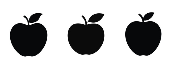 Minimalistic black apple silhouettes with leaves in a row on a white background, ideal for design, icons, and educational materials