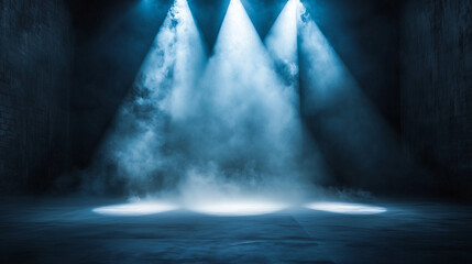 Dramatic Theater Spotlights with Smoke on a Dark Stage Background