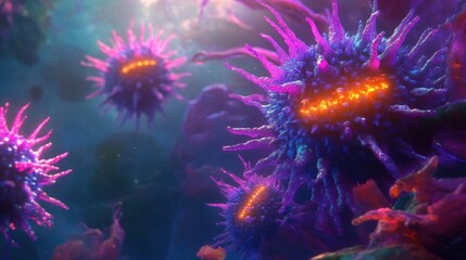 Fototapeta premium A menacing virus with glowing spikes floating in a vibrant microscopic environment, symbolizing a health threat.