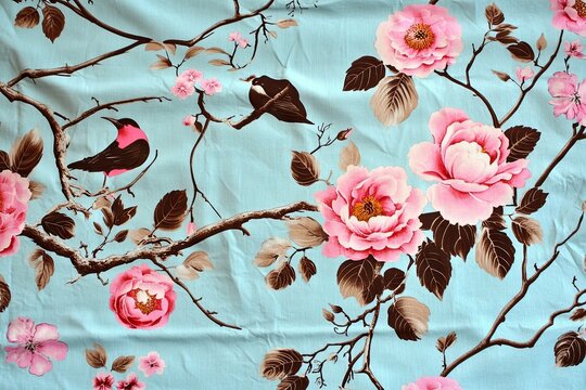 A detailed vintage chinoiserie wallpaper pattern with a pastel blue background