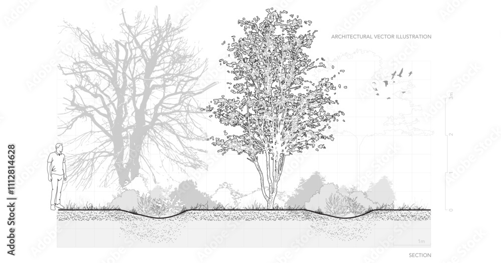 Poster vector illustration of architectural drawings featuring minimal-style cad tree line drawings. includ