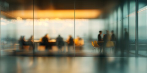 Obraz premium People engaged in a business meeting within a blurred office space, highlighting a collaborative atmosphere.