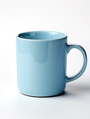 A blue coffee cup sits on a white background
