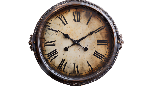 Round vintage clock with Roman numerals and metallic frame, isolated on white, cut out