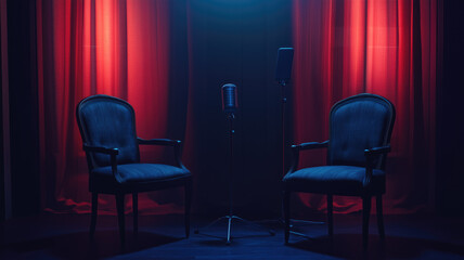 two chairs and microphones in podcast or interview room isolated on dark background as a wide banner for media conversations or podcast streamers concepts with copy space