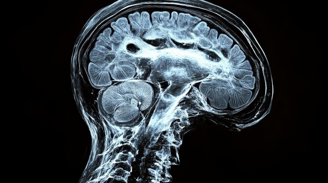 Brain Scan Imaging. High resolution human brain MRI scan side view, medical diagnosis, healthcare technology, neurology research, hospital equipment, scientific study, black background, detailed anat