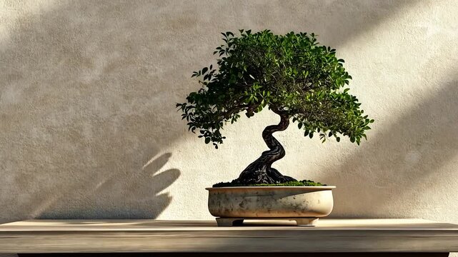 Bonsai tree in a vase and pot with garden-inspired interior design and Japanese miniature stone decoration