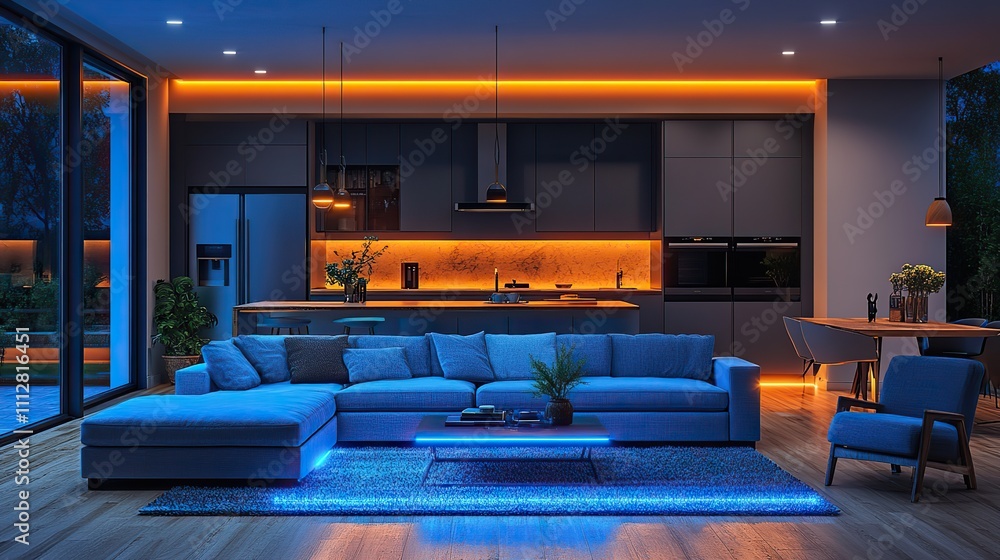 Poster luminous smart home icons on the background of the kitchen and living room concept of automation and