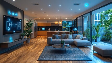 luminous smart home icons on the background of the kitchen and living room concept of automation and hi tech 3d rendering toned image double exposur