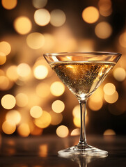 new years eve champagne glass with gold glitter and bokeh