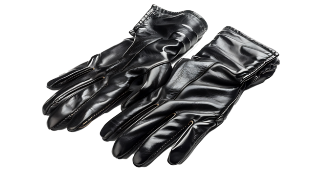 Pair of black leather gloves with visible stitching, isolated on white, cut out 