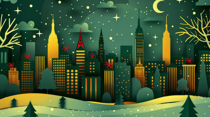 Ai Generated Paper Cut Illustration of Festive Christmas Decorated New York City in Green Red and Yellow Colors