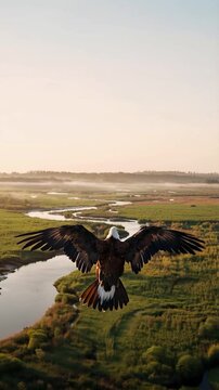 Majestic bald eagle soaring over a serene river landscape during a misty sunrise in the heart of nature's untouched beauty