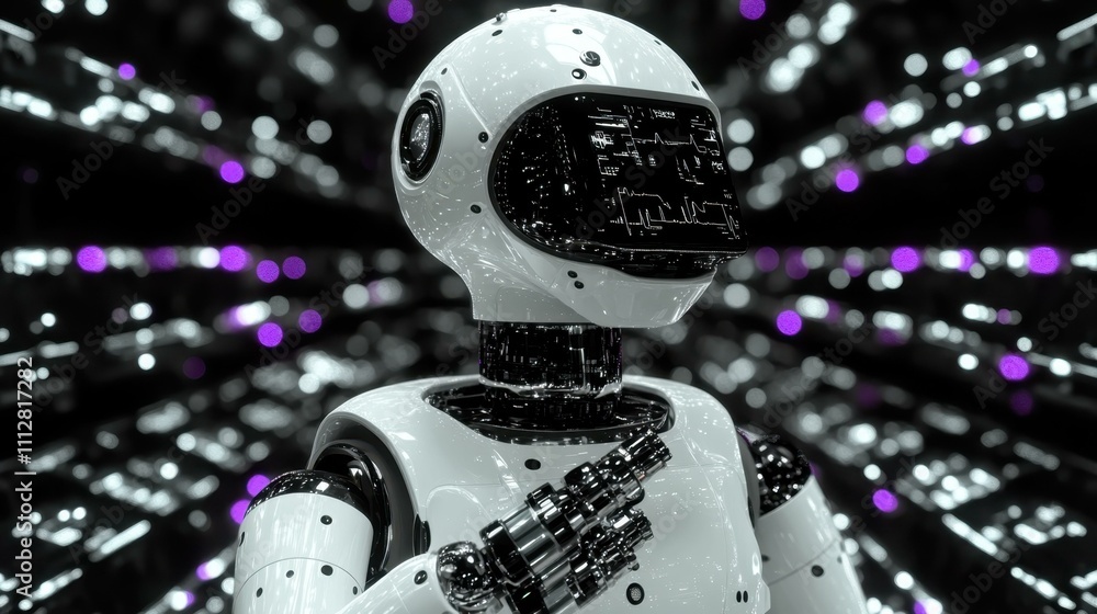Poster digital future trends. futuristic robot holding technology concept with digital data background for 