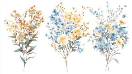 Obraz premium Watercolor Floral Elements Showcasing Soft Blue and Beige Hues for Artistic Design Projects