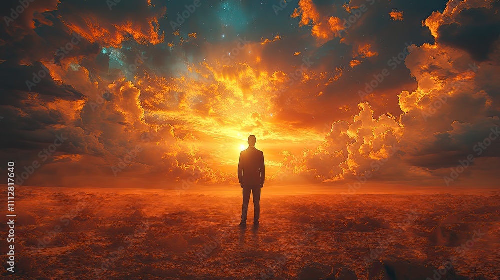 Aufkleber man standing in the middle of the desert and looking at the heavens in the sky bright light in dark 