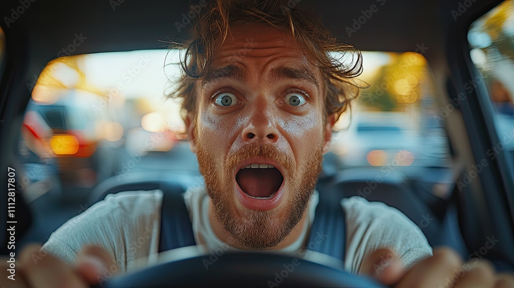 Poster man with a startled expression while holding the steering whee