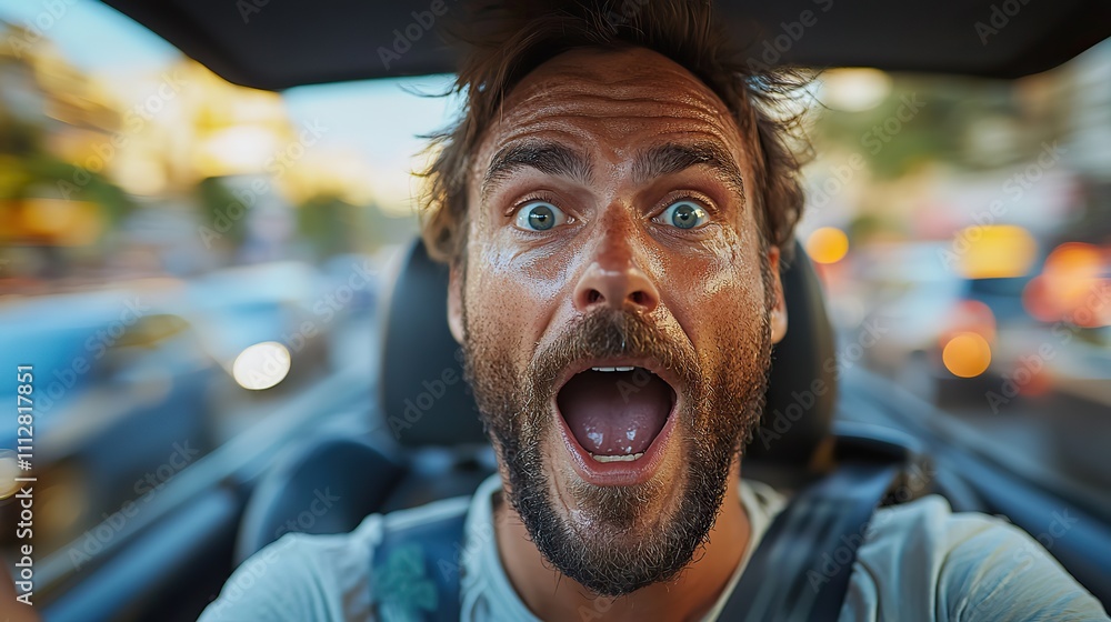 Poster man with a startled expression while holding the steering whee