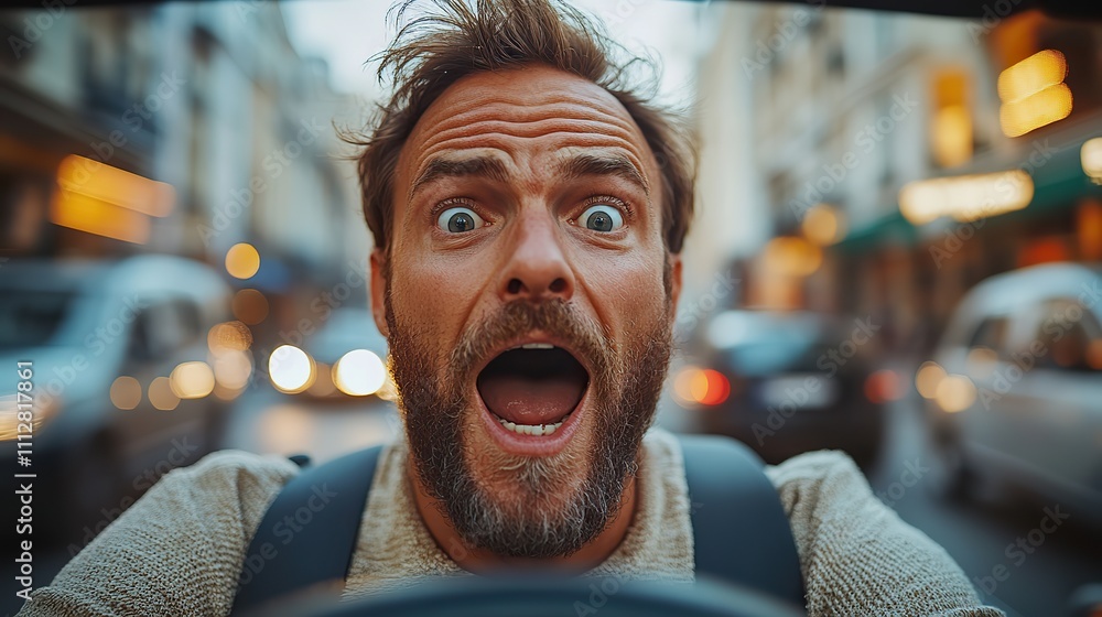 Poster man with a startled expression while holding the steering whee