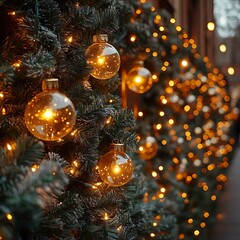 Stunning Golden Christmas Baubles Highlighted Glowing Elegantly on a Festive Garland Background