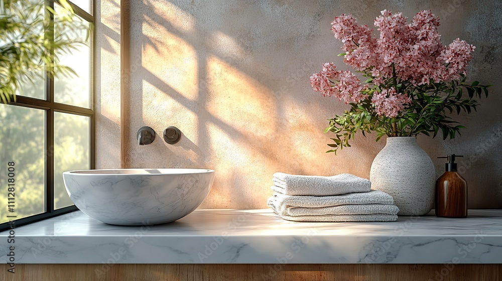 Aufkleber marble surface table with toothbrush towel and decor mock up area for montage over simple uncluttered bathroom background 3d rendering