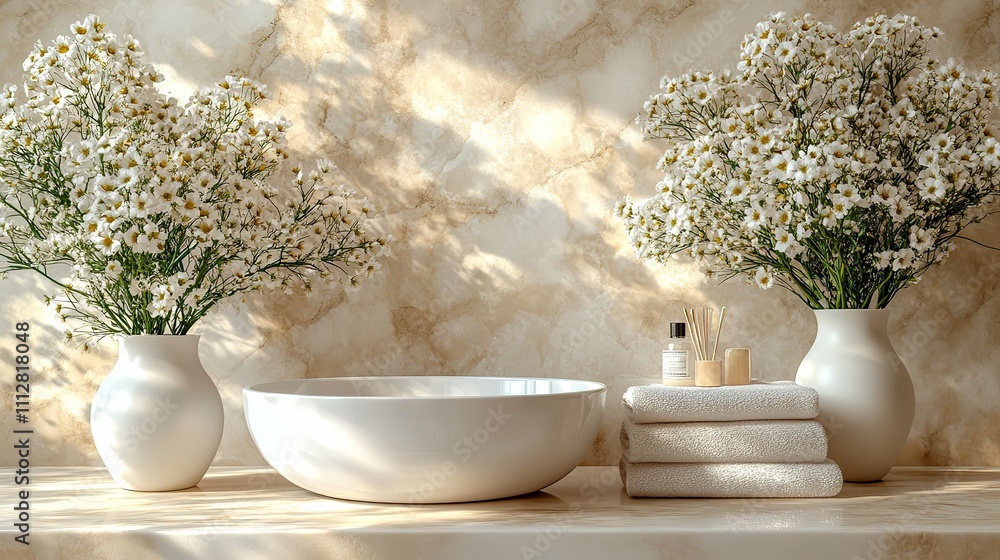 Poster marble surface table with toothbrush towel and decor mock up area for montage over simple uncluttered bathroom background 3d rendering