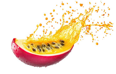 Fresh passion fruit slice with vibrant juice splash, isolated on transparent cutout background
