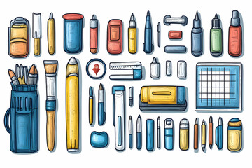 Obraz premium Colorful cartoon art supplies collection including pencils, pens, brushes, erasers, rulers, and more.