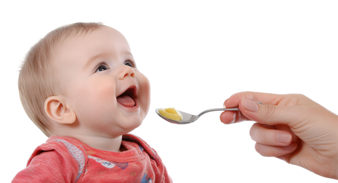 Happy baby being fed with a spoon, isolated on transparent cutout background
