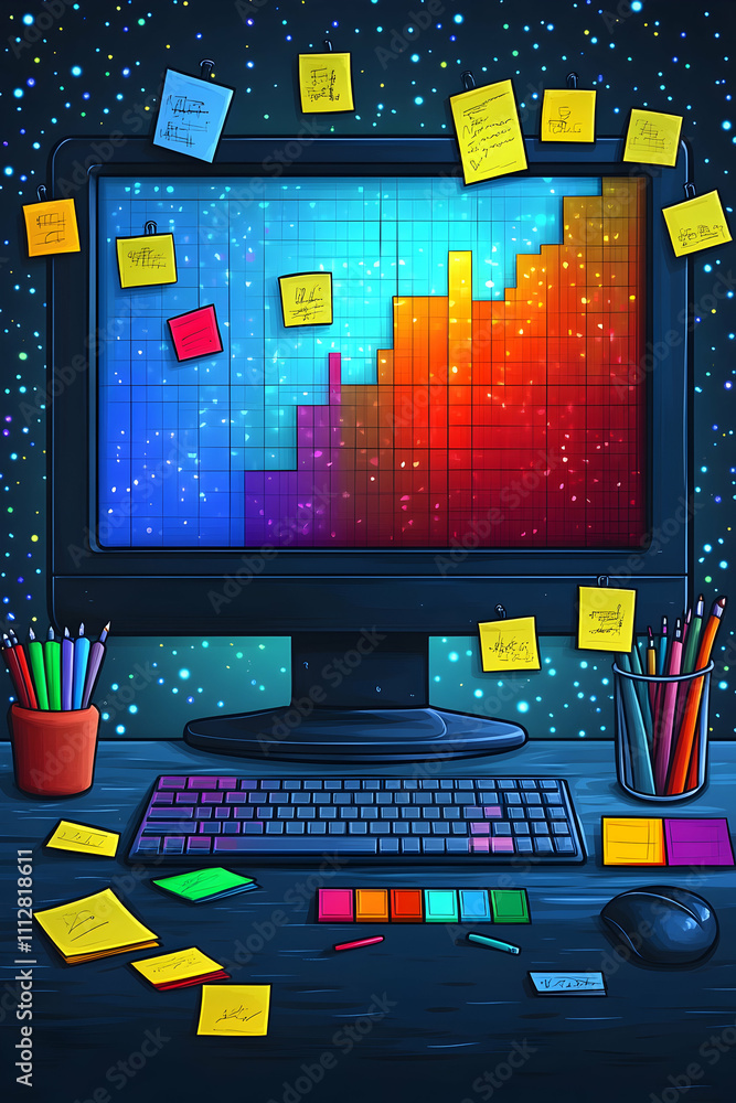 Poster colorful data visualization on computer screen surrounded by sticky notes and art supplies.