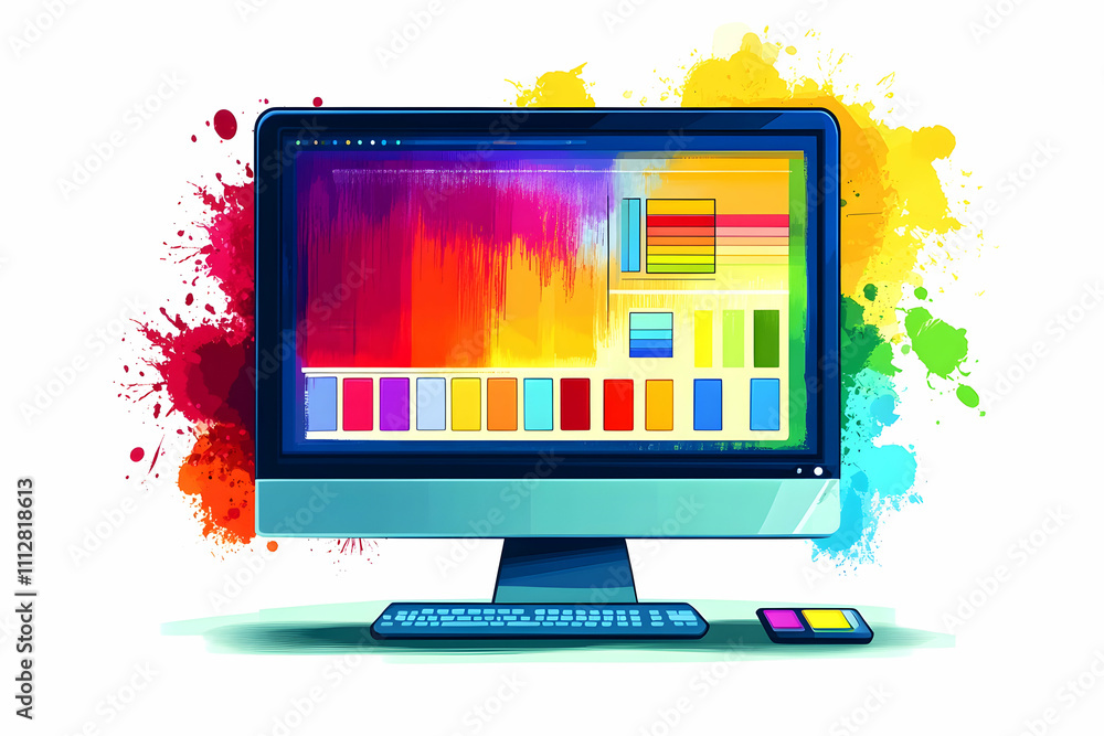 Fototapete Colorful desktop computer screen displaying a graphic design software interface with color palettes and swatches.