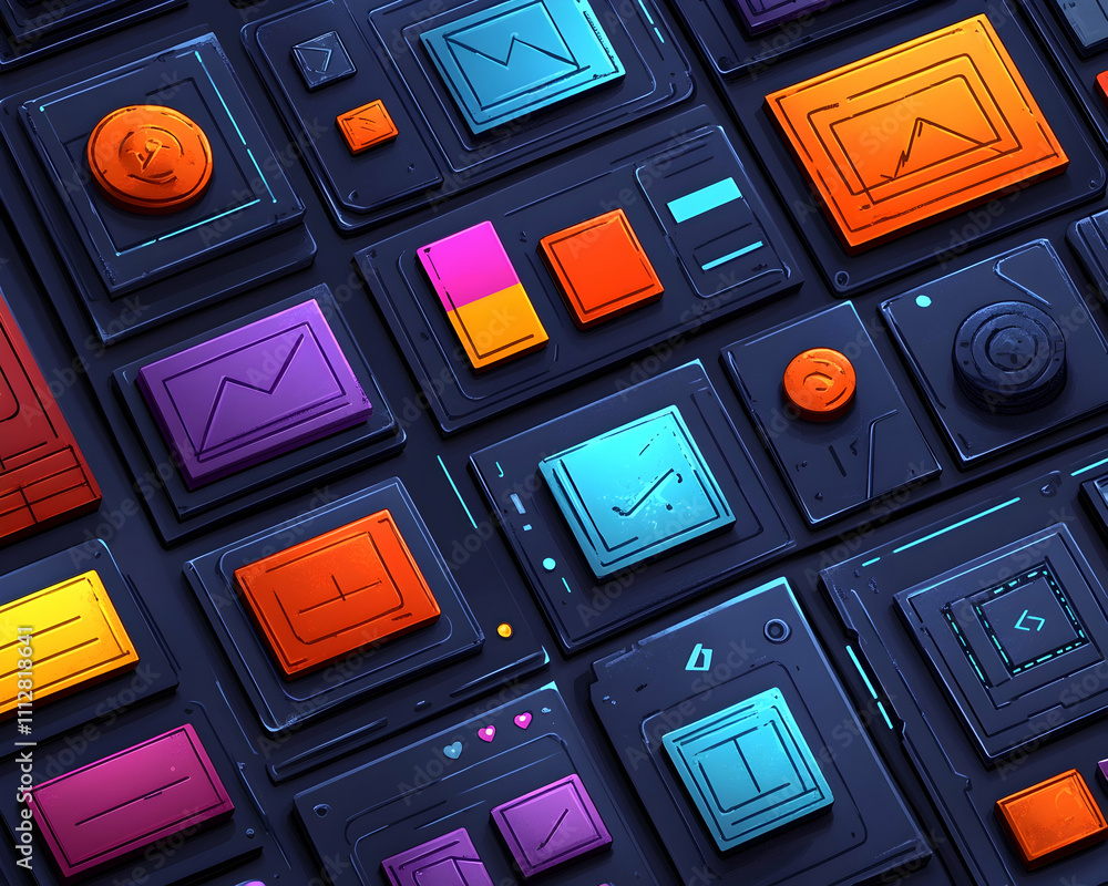 Poster colorful digital interface elements forming a complex pattern.
