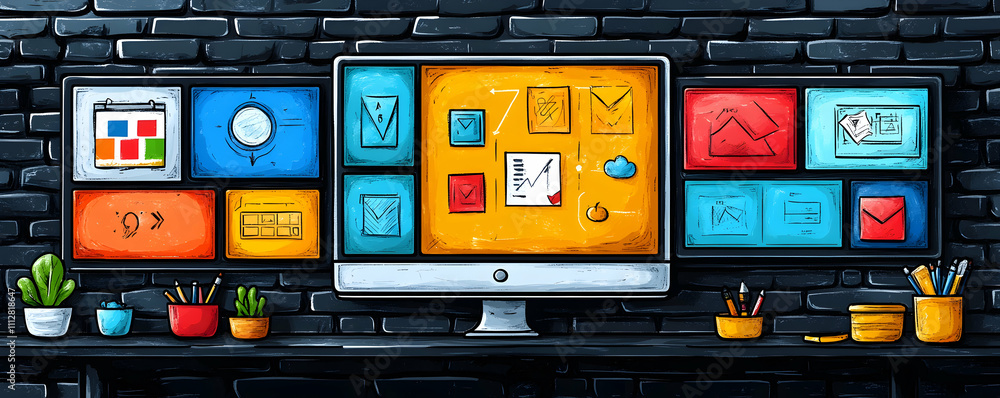 Poster colorful digital workspace with computer and screens showing various app icons.