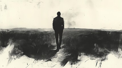 Fototapeta premium messiah sketch of a young man walking in the desert monochrome