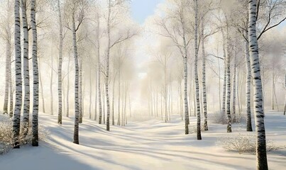 Sunlit snowy birch forest path.