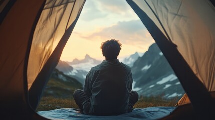 A traveler sits cross-legged inside a tent, gazing at a stunning sunset over majestic mountains. The scene captures the peacefulness of nature and a moment of reflection