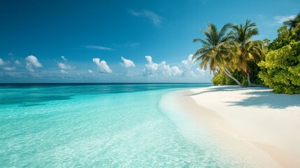 Fototapeta premium A pristine tropical beach features soft white sand meeting clear turquoise waters. Lush palm trees sway gently under the bright blue sky, creating a tranquil atmosphere perfect for relaxation