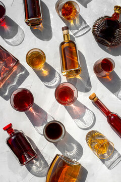 Background of alcohol drinks on table