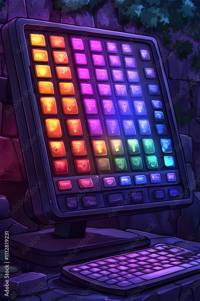 Poster colorful illuminated grid on a computer screen at night.