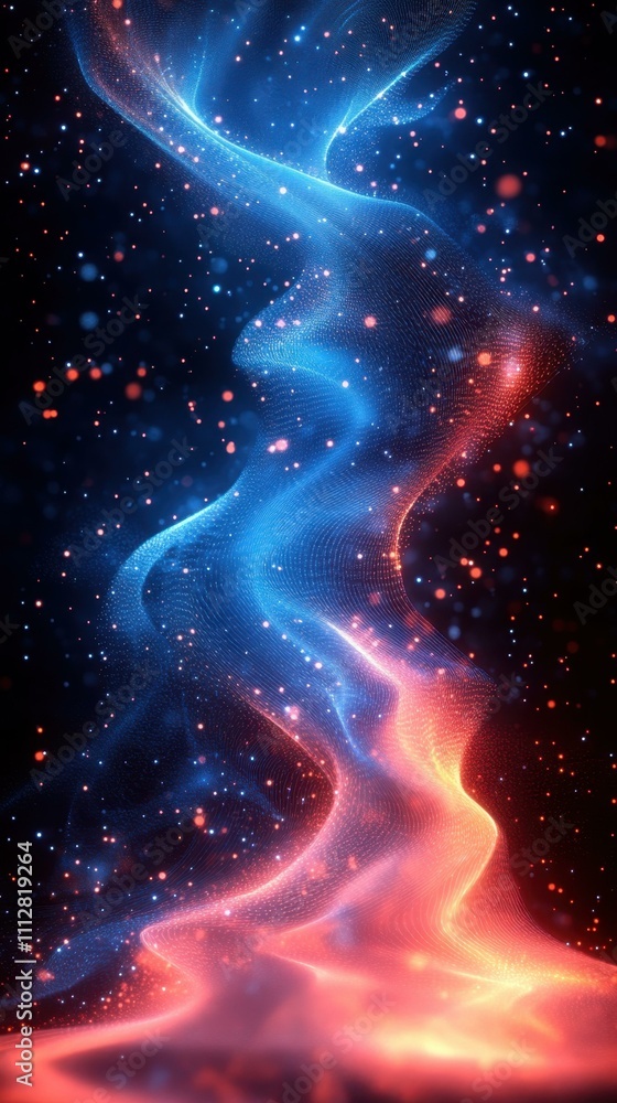 Aufkleber the blue and orange dynamic digital illustration with undulating lines dots and waveforms in vibrant