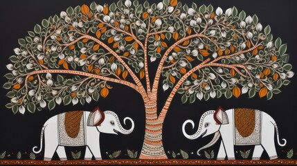 Madhubani Painting: Elephants under a Bountiful Tree