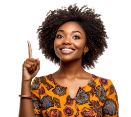 Happy woman in vibrant clothing gesturing upward, isolated on transparent cutout background

